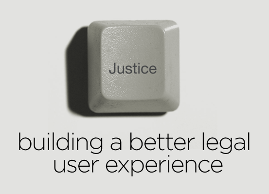 Keyboard button that reads "Justice". Text reads "building a better legal user experience"